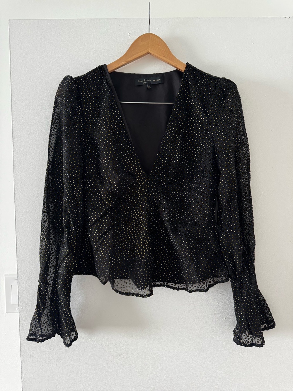 House of Harlow 1960 Black Blouse with Gold Dots